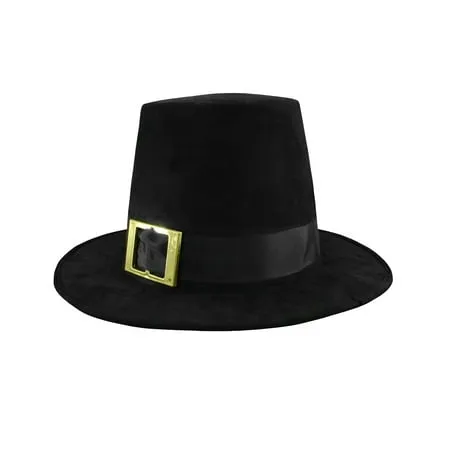 Adult Black Pilgrim Hat With Gold Buckle - Thanksgiving Novelty Top Hats - Holiday Cosplay Costume Accessory, Black, One Size