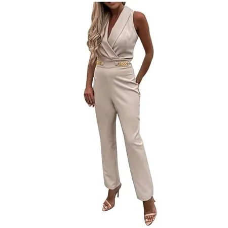 Formal Jumpsuits for Women Elegant Sleeveless Sexy V Neck Casual Long Pants Trousers Rompers for Work with Pockets