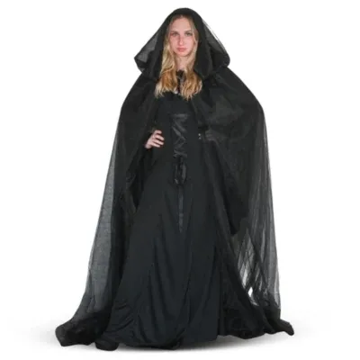 Skeleteen Black Hooded Tulle Cape - Chiffon Medieval Net Robe Vampire Bride Sheer Cloak Costume - Adults-Teens