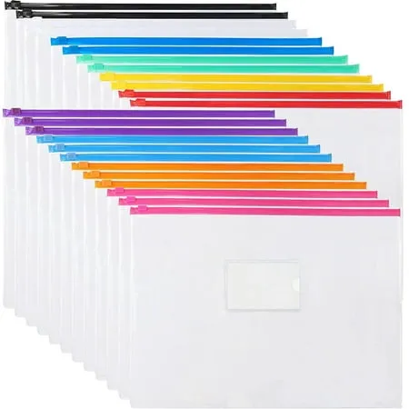 12pcs A4 Poly Zip Envelopes Plastic Envelope Clear Zipper Folder with Label Pocket for School Office Travel Storage Document Letter Size(5 Color)