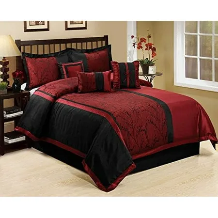 7 Piece LETICIA Tree Branches jacquard Burgundy Black Clearance bedding Comforter Set Fade Resistant Wrinkle Free No Ironing Necessary Super Soft All Size- Queen King Cal.King Size (Queen)