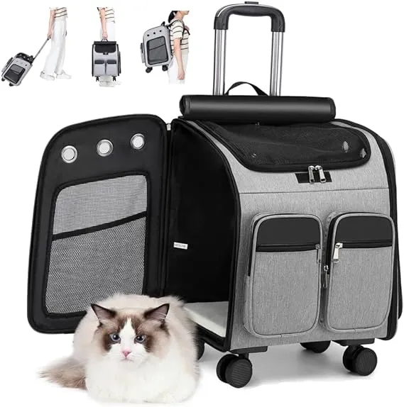 Hegseth Rolling Cat Pet Carrier with on Wheels Small Dog Puppy Wheeled Backpack Collapsible Trolley Cat Car Travel Bag for Cat Weight LE, Grey