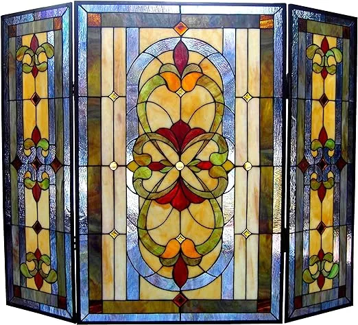 Chloe Lighting Tiffany-glass 3pcs Folding Victorian Fireplace Screen 40" Wide