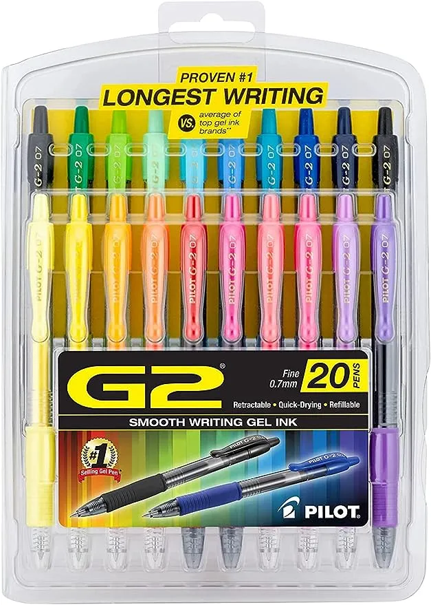 Pilot G2 Premium Retractable Gel Pen, Fine 0.7mm, Assorted Ink/Barrel, 20/Set