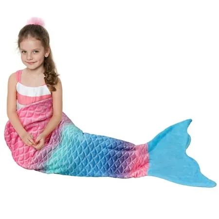 Catalonia Kids Mermaid Tail Blanket Super Soft Plush Flannel Sleeping Snuggle Blanket for Girls Rainbow Ombre Fish Scale Pattern Gift Idea 61  x 19