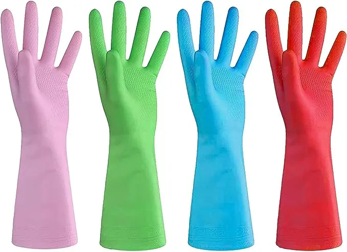 URBANSEASONS Dishwashing Rubber Gloves for Cleaning – 4 Pairs Household Gloves Including Blue, Pink, Green and Red, Non Latex and Fit Your Hands Well, Great Kitchen Tools