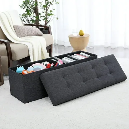 Ornavo Home Foldable Tufted Linen Large Storage Ottoman Bench Foot Rest Stool/Seat - 15" x 30" x 15" (Grey)