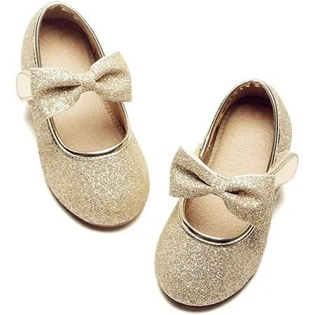 THEE BRON Girls Kids School Dress Ballet Shoes-Toddler Cute Bow Tie Mary Jane Flats (810-Gold 9M)