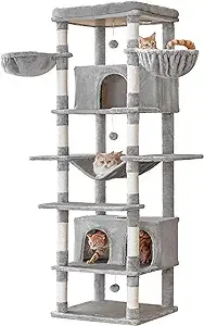 MWPO Cat Tree, 77.6in Extra Large w/ 2 Condos, Multi-Level Wide Perch, Scratching Posts, Hammocks, Dangling Toys, Light Grey, for Indoor Cats