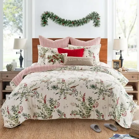 Levtex Home - Winterberry Forest Christmas Quilt Set - King/Cal King Holiday Quilt 106x92 and Two King Pillow Shams 20x36 - Green, Red, Grey and Cream - Reversible - Cotton/Polyester