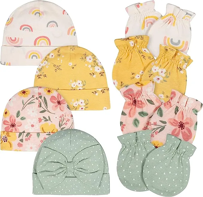 Gerber 8-Piece Baby Girls Golden Floral No Scratch Mittens & Caps Set