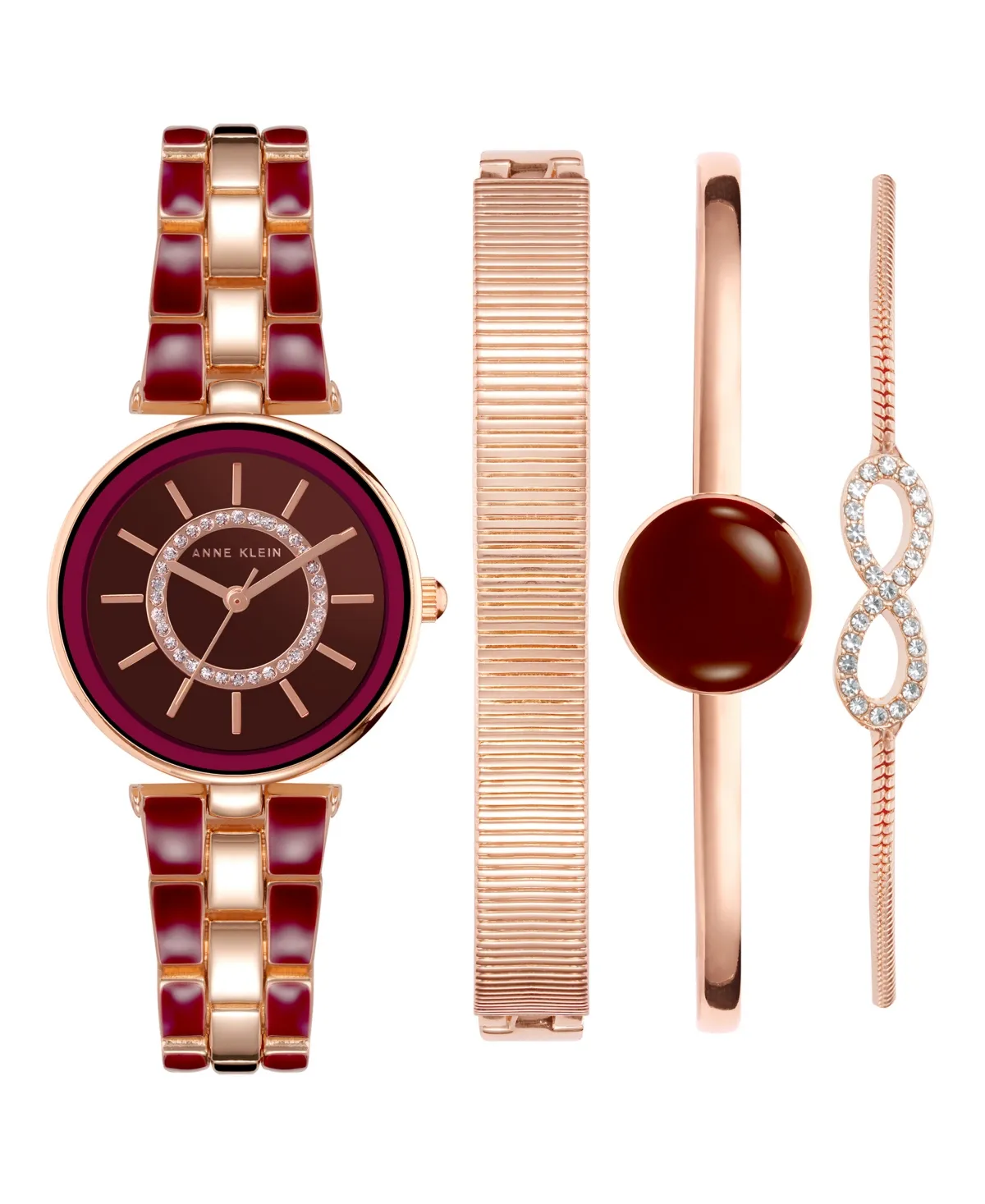 "Women's Rose Gold-tone Alloy Bracelet With Burgundy Enamel And Crystal Accents Fashion Watch 34mm Se In Rose Gold-tone,burgundy"