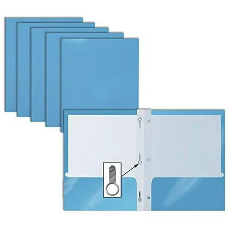 Better Office Products 2 Pocket Glossy Light Blue Paper Folders with Prongs (25 Pack)