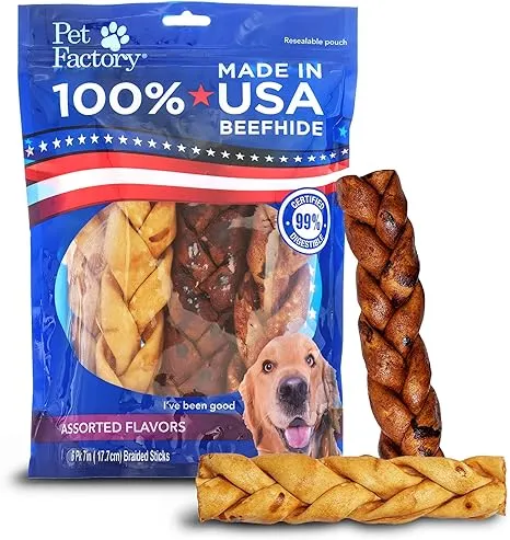 Pet Factory - Made in USA Beefhide Braided Sticks Flavored Dog Treats