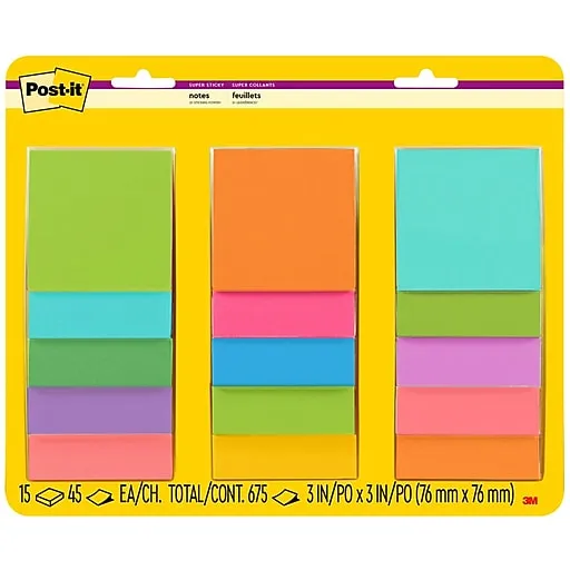 Post-it Super Sticky Notes, 3" x 3", Supernova Neons Collection, 45 Sheet/Pad, 15 Pads/Pack (654-15SSMULTI2)