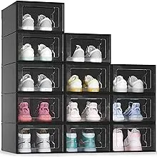 Large 12 Pack Shoe Storage Box Black Plastic Stackable Shoe Organizer for Closet