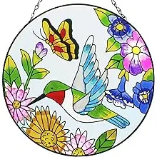 11.8" Hummingbird Stained Glass Window Hangings, Hummingbird Wall Art Decor, Suncatcher Panel with Chain