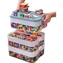 Plastic Storage Organizer for Lego Box Kids Child Toy Stackable Containers with Lids Bins 3 Layers Adjustable Compartments Building Blocks Chest Case