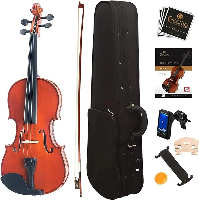 Mendini Full Size 4/4 MV200 Solid Wood Violin w/Tuner, Lesson Book, Shoulder Rest, Extra Strings, Bow, 2 Bridges & Case, Natural Varnish