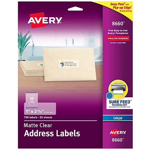 Avery Easy Peel Address Labels, Clear, 1" x 2-5/8", 300 Labels (15660)