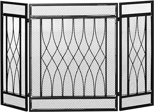 HOMCOM 3-Panel Folding Fireplace Screen, Home Metal Mesh Fire Spark Guard, Black