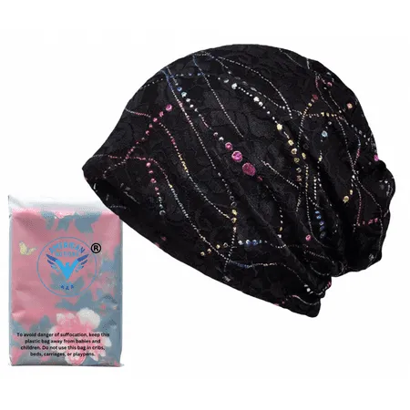 Women s Cotton Lace Slouchy Turban Sleep Cap Chemo Hat Yoga Beanie for Teens Adults ( Black )