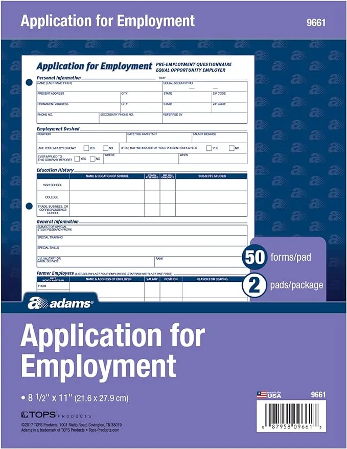 Adams Bilingual Employee Application English/Spanish 9661ES