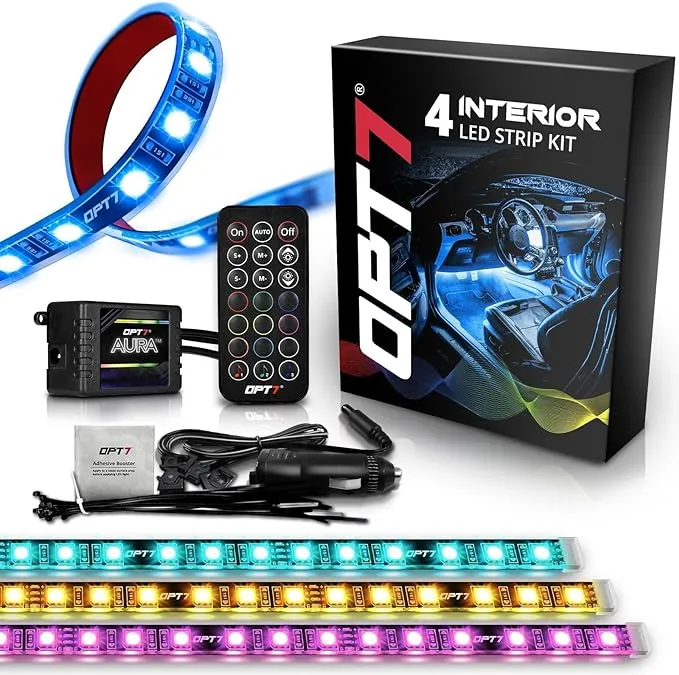 OPT7 Aura Interior Car Lights LED Strip Kit 16+ Smart Color, Soundsync, Show Patterns, and Remote Accent Underdash Footw