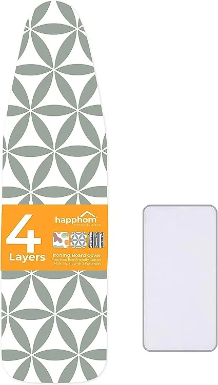 happhom Ironing Board Cover and Pad Extra Thick Heavy Duty Padded 4 Layers Non Stick Scorch and Stain Resistant 15x54 and 3 Fasteners Elastic Edge