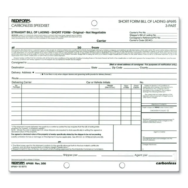 Rediform Bill of Lading Short Form 7 x 8 1/2 Three- Part 50 Loose Form Sets Per