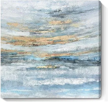 Bathroom Wall Art Abstract Canvas Art Print Framed Modern Blue Ocean Picture Small Coastal Sunset & Sunrise Artwork for Sea Lake Themed Home Bedroom Décor 14x14inch