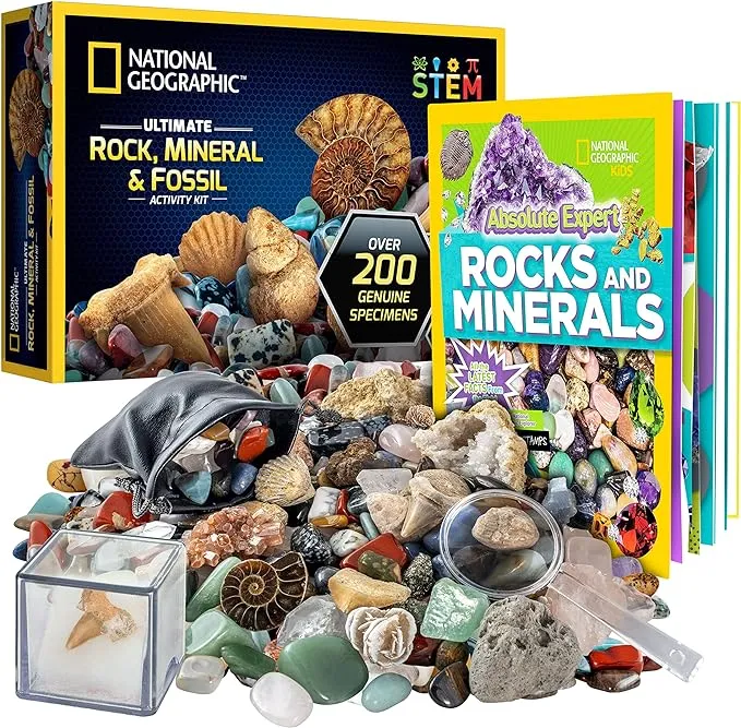 National Geographic Rock Collection Box for Kids 200+ Piece Rock Set with Real Fossils, Gemstones, and Crystals- Includes Absolute Expert: Rocks &am