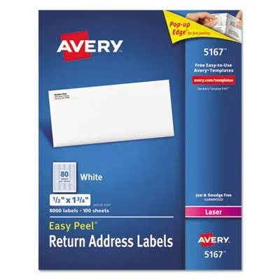 Avery Easy Peel White Address Labels w/ Sure Feed Technology, Laser Printers, 0.5 x 1.75, White, 80/Sheet, 100 Sheets/Box 