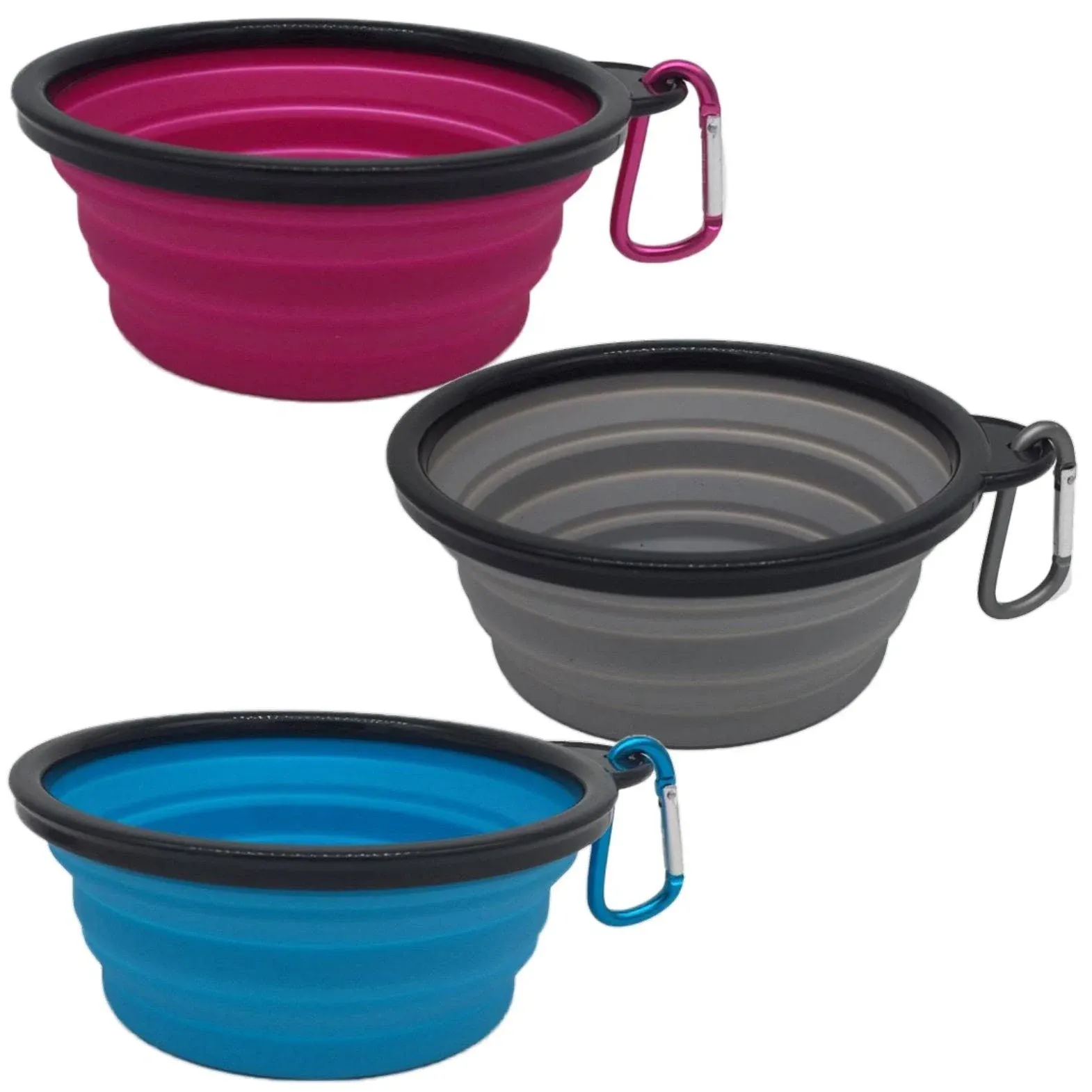 Mr. Peanut&#39;s 3 Pak XL (25oz) Collapsible Silicone Bowls with Color Matched Carabiner Clips