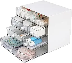 Desk Craft Organizer and Storage with 7 Flat Drawers, Stackable Plastic Desktop Accessories & Workspace Organizer for Office Stationary, Makeup Skincare, Sanitation Supplies, White