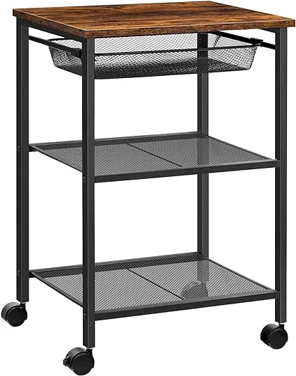 HOOBRO Printer Stand, 3-Tier Printer Cart with Adjustable Mesh Drawer, Heavy Duty Storage Rack Printer Table on Wheels,for Home Office, Rustic Brown and Black BF23PS01