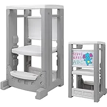 Kids Kitchen Step Stool with Whiteboard, Toddler Tower with 4 Adjustable Heights & Safety Rail, Baby Children Learning Stool Toddler Kitchen Stool Helper for Bathroom Sink Kitchen CounterKids Kitchen Step Stool with Whiteboard, Toddler Tower…