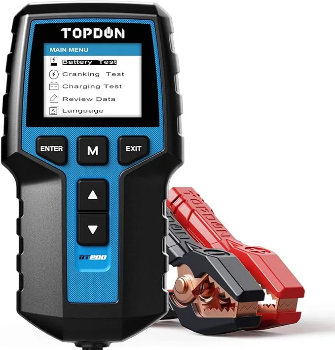 TOPDON BT200 100-2000CCA - Probador de batería de coche de 24 V y 12 V, probador de alternador automotriz, analizador digital de batería, probador de sistema de arranque de carga para automóvil, camión, motocicleta, ATV, SUV, barco, yate