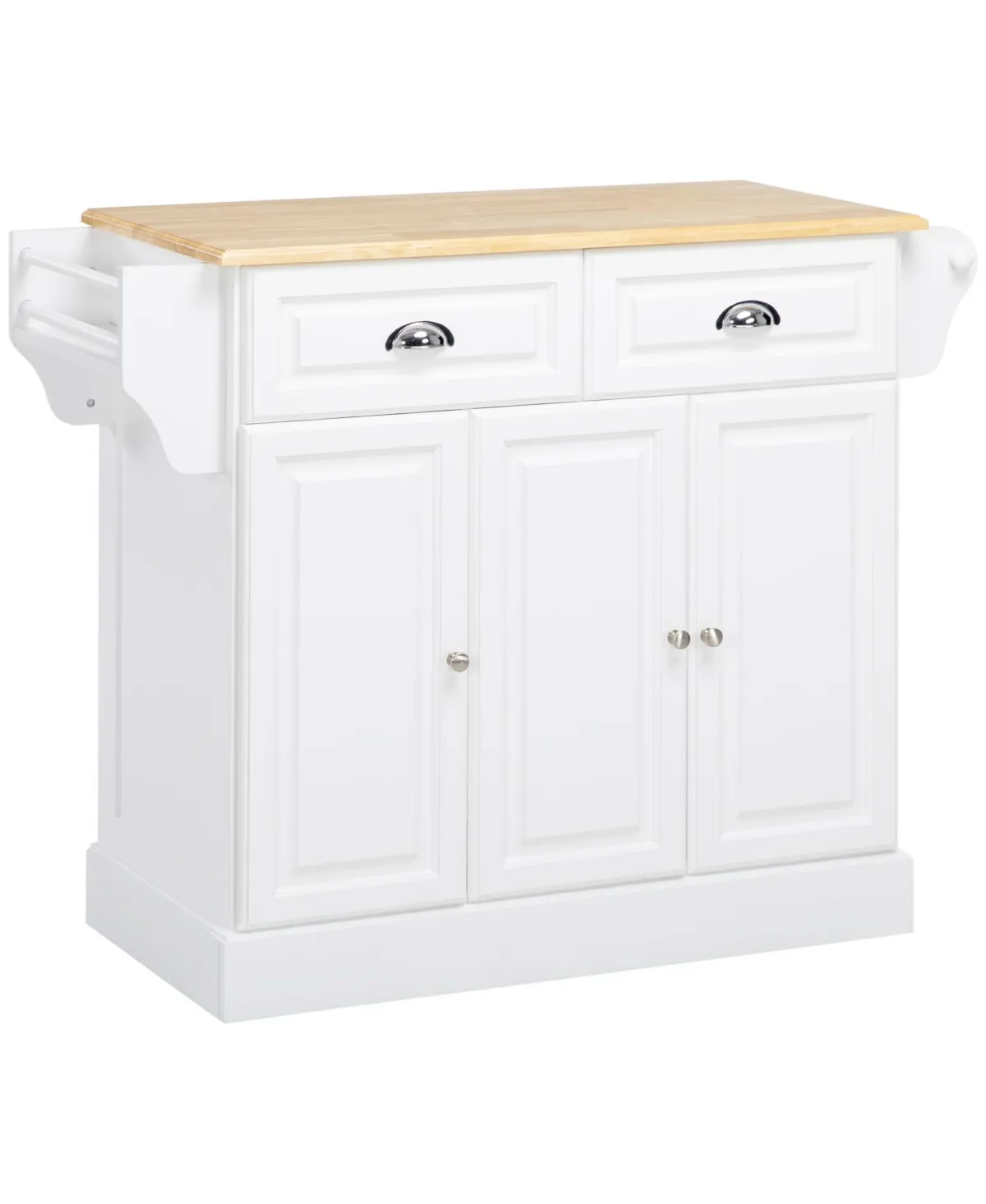 Kitchen Island with Storage, Rolling Kitchen Serving Cart with Rubber Wood Top, Towel Rack, Spice Rack, Storage Drawer and Cabinet, White