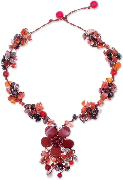 NOVICA Jasper, Dyed Quartz, Garnet, and Carnelian Flower Necklace, 15.25 ...