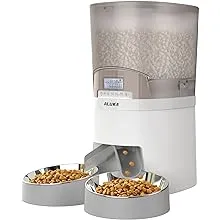 Automatic Cat Feeder for 2 Cats, ALUKE 6.5L Pet Feeder for Cats & Dogs Dry Food Dispenser with Desiccant Bag, Stainless Steel Bowls & Lock Lid, Dual Power Supply 10s Meal Call 6 Meals Per Day