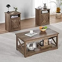 AMERLIFE 3-Piece Farmhouse Table Set Includes Coffee Table& Two End Tables, Side Table with Charging Station and USB Ports, for Living Room, Barnwood