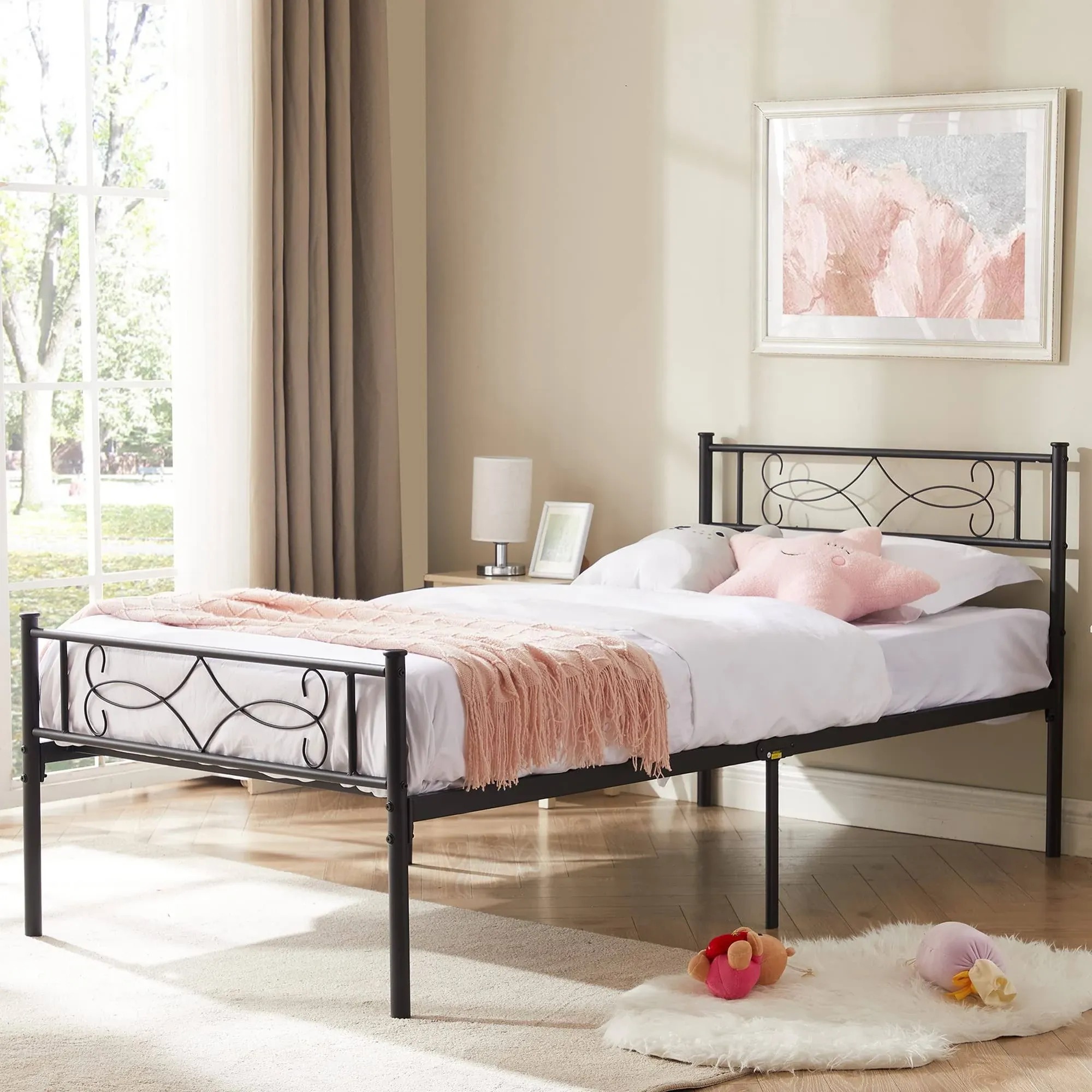 Twin Black Metal Bed Frame with Flower Design Sturdy Elegant Ideal for Kids