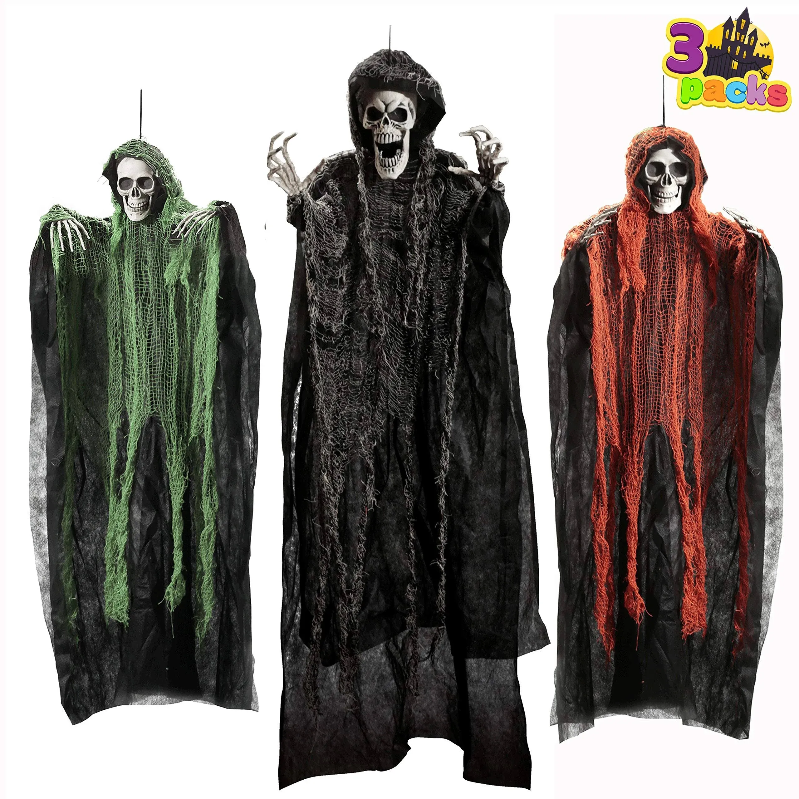 JOYIN Halloween Hanging Grim Reapers (3 Pack), One 47” and Two 35” Halloween Grim Reapers, Halloween Skeleton Flying Ghost for Haunted House Prop Décor, Halloween Outdoor Indoor Decor