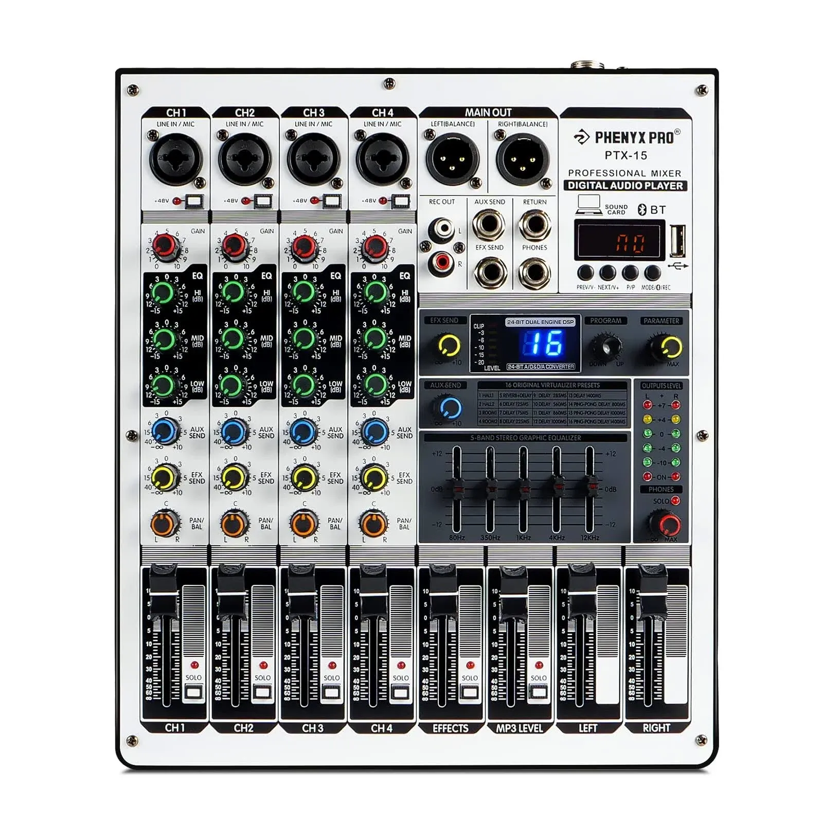 Professional DJ Mixer, Phenyx Pro Sound Mixer w/ USB Audio Interface, 4-Channel