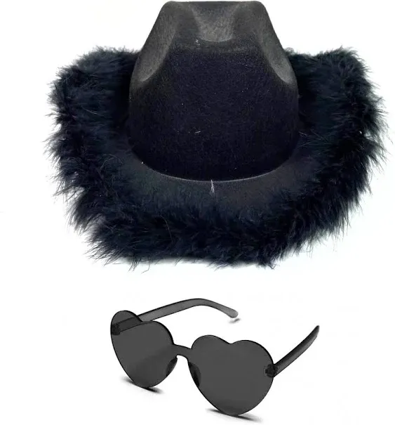 4e's Novelty Cowboy Hat With Feathers With Heart Shaped Sunglasses For