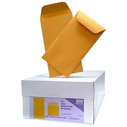 Box of 500# 7 Coin Brown Kraft Envelopes, for Small Parts, Seeds, Cash Etc, Gummed Flap (Size: 3-1/2" x 6-1/2")