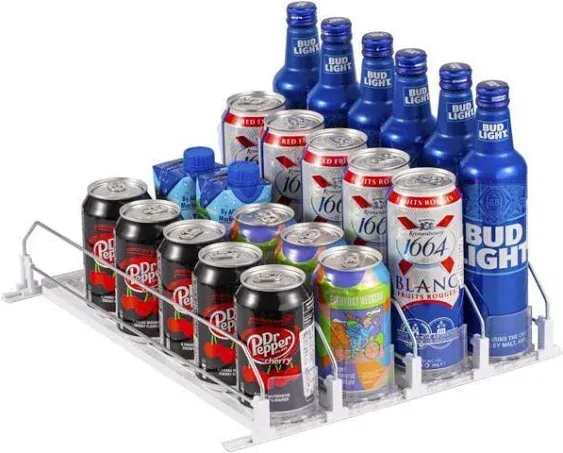 RULA Drink Organizer for Fridge, Self-Pushing Soda Can Organizer for Refrigerator - White, 8 Rows, 16.2" D