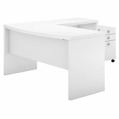 Office by Kathy Ireland Echo L Shaped Bow Front Desk with Mobile File Cabinet | Pure White