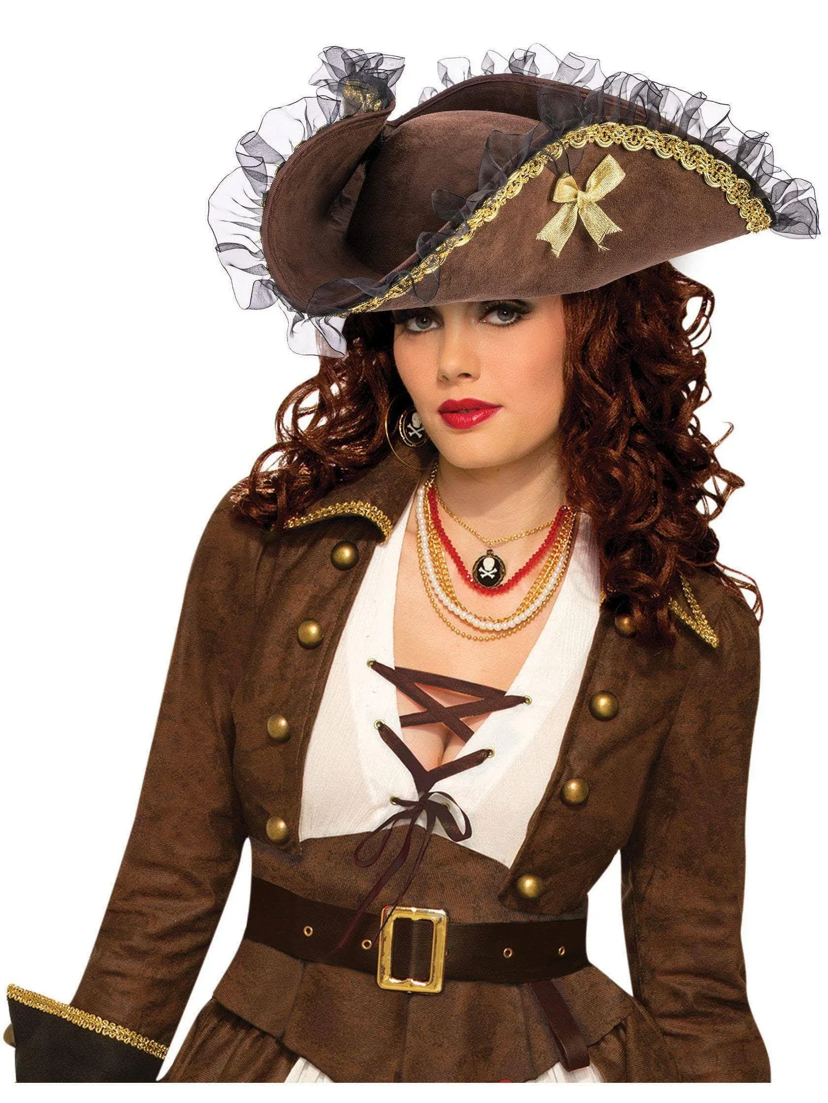 Pirate Hat - Brown/Black/Go<wbr/>ld - Ruffle - Costume Accessory - One Size